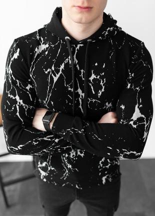 Повседневное мужское худи трикотажное мраморное черное с белыми вставками