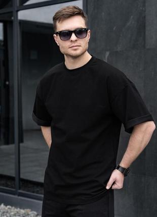 Бавовняна чоловіча футболка оверсайз модна однотонна темна футболка чорного кольору