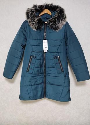 Куртка женская зимняя, пальто зимнее, пуховик сине-зеленая3 фото