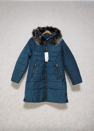 Куртка женская зимняя, пальто зимнее, пуховик сине-зеленая1 фото