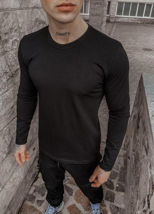 Мужской лонгслив черный однотонный классический | мужская футболка с длинным рукавом черная3 фото
