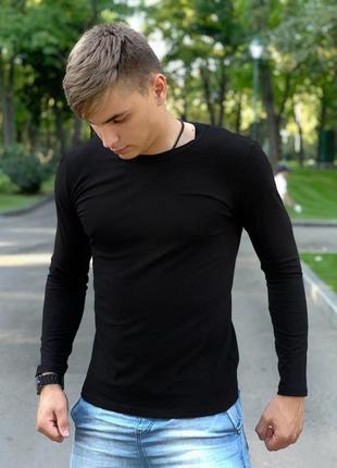 Мужской лонгслив черный однотонный классический | мужская футболка с длинным рукавом черная4 фото