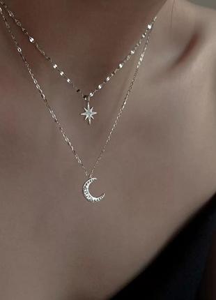Срібний ланцюжок подвійний з кулонами зірка і місяць з камінням, подвійна підвіска, довжина 38+8 см