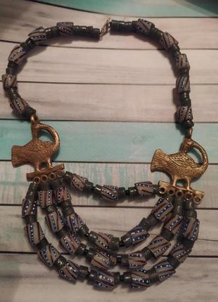 Винтажное очень редкое массивное тяжелое ожерелье африканское кробо с латунными вставками птичками