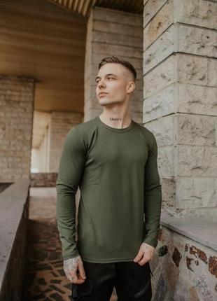 Мужской лонгслив хаки однотонный классический | мужская футболка с длинным рукавом зелёная