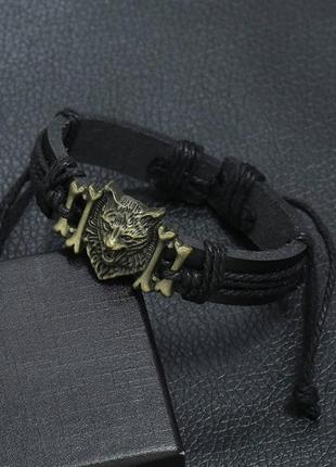 Винтажный кожаный мужской браслет с волком3 фото