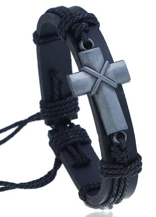 Мужской кожаный браслет c металлическим крестом2 фото