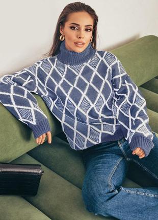 Шерстяной голубой оверсайз свитер с высоким однотонным воротом2 фото