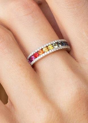 Золотое кольцо с разноцветными сапфирами 
и бриллиантами кб0435nl2 фото