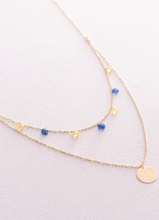 Двойное золотое колье "украинка" с монеткой 
(синие и желтые фианиты) кол02325