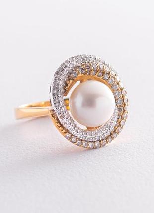 Золотое кольцо "круговорот" с бриллиантами 
и жемчугом к954
