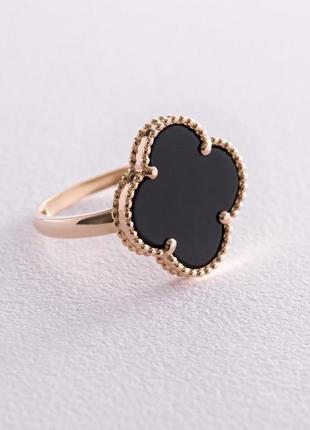 Золотое кольцо "клевер" с ониксом к07151