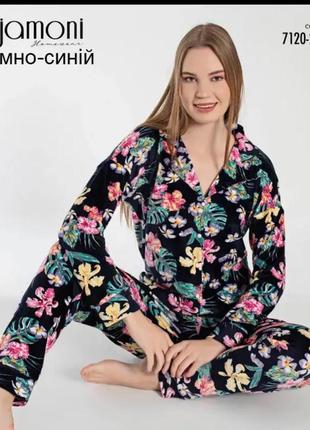 Пижама велюровая костюм с цветочным принтом в рубашечном стиле1 фото