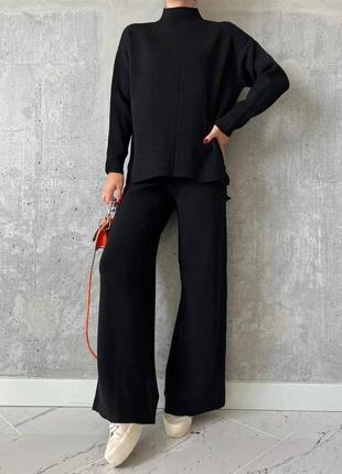 Черный вязаный костюм оверсайз свитер кофта свитшот и широкие штаны брюки палаццо2 фото