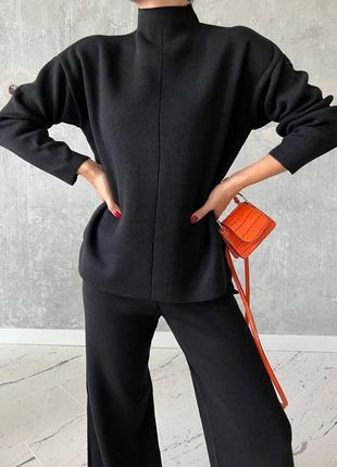 Черный вязаный костюм оверсайз свитер кофта свитшот и широкие штаны брюки палаццо