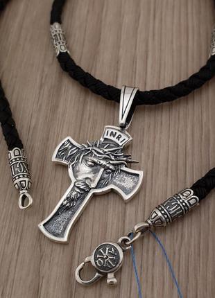 Комплект! мужской серебряный крестик на шелковом шнурке. черненый крест на шнуре с серебряным замком