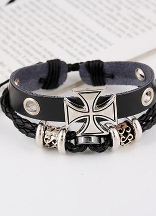 Двухслойный кожаный браслет римский крест черный1 фото