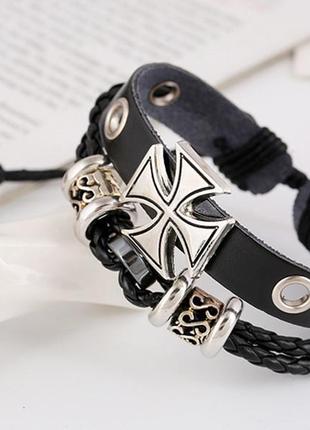 Двухслойный кожаный браслет римский крест черный4 фото