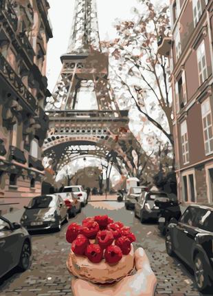 Картина за номерами va-1134 кекс з малиною на фоні ейфелевої вежі, 40х50см strateg