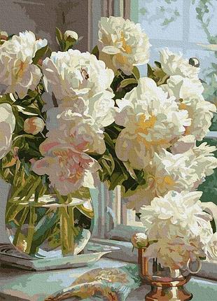 Картина по номерам gx38402 пионы на подоконнике 40x50см. rainbow картины раскраски по номерам 2022 в украине