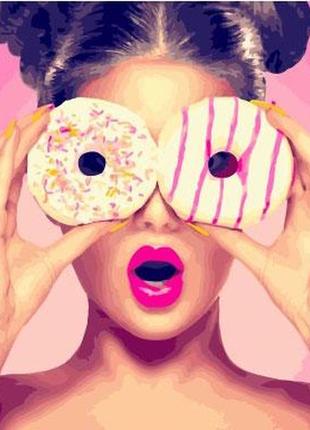 Картина по номерам 40х50см. gx26710 девушка с пончиком rainbow картины раскраски по номерам 2022 в украине