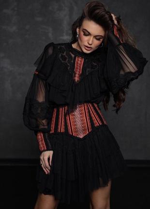 Платье вышиванка женское мини короткое бренд, нарядное дизайнерское чёрное с украинской символикой в украинских национальных традициях, патриотическое