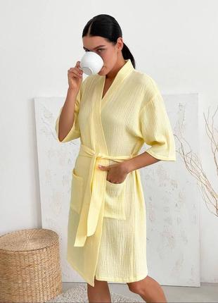 Женский летний халат кимоно из муслина одежда для дома цвет лимонный1 фото