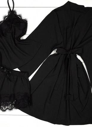 Чорний піжамний комплект халат та піжама майка та шортики, комплект для дому піжамка та халат