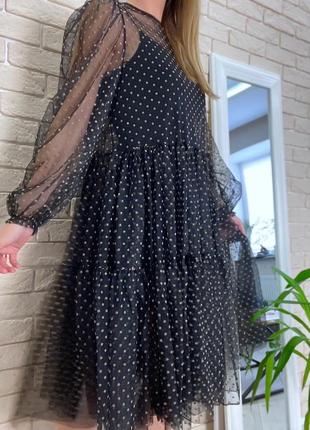 Платье сетка в горошек нарядное вечернее черное5 фото