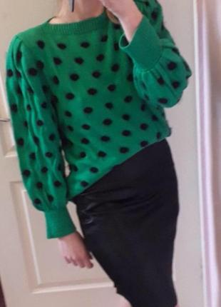 Зелений в’язаний світер в горох з об’ємними рукавами вінтажний класний