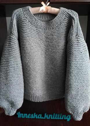 Вязаный женский свитер оверсайз oversize крупная вязка объёмный удлинённый ручная7 фото