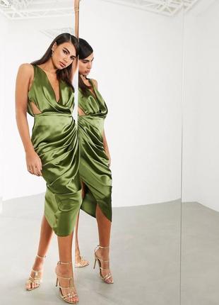 Атласное платье миди с глубоким вырезом и драпировкой asos edition uk 10,12