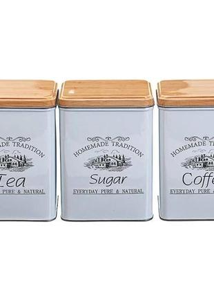 Набор металлических банок для чая кофе и сахара. "pure & natural" 3 шт.