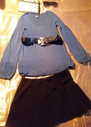 Синий свитер туника низ и рукава клеш подарок m/44