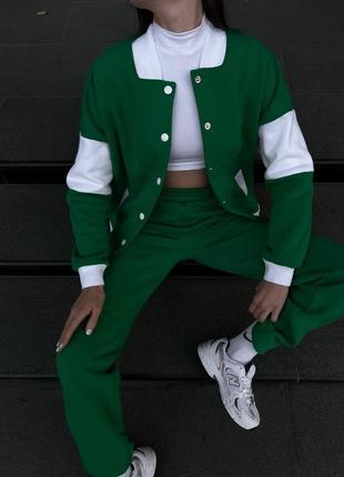 Костюм флисовый теплый американка бомбер штаны джоггеры спортивный комплект на флисе зимний на кнопках зеленый черный розовый мокко коричневый с белым4 фото