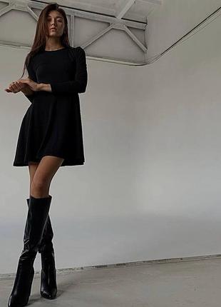 Женское черное платье короткое с рукавом рубчик ван сайз базовое на каждый день нарядное мини