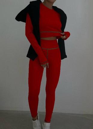 Спортивный костюм лосины леггинсы топ с длинным рукавом на кисть комплект тремо белье со швами наизнанку черный синий зеленый красный8 фото