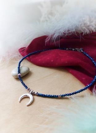 Лунница полумесяц словянский оберег чокер гематит ожерелье колье синий металик серебристый подвеска на шею минерал мокоша подарок2 фото