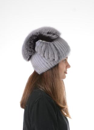 Женская вязаная норковая шапка с помпоном3 фото