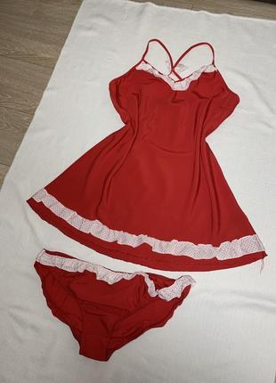 Пеньюар сукня сорочка нічна комплект червоний5 фото