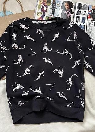 Утепленная черная кофта, реглан с динозаврами от h&amp;m рр 8/10 лет