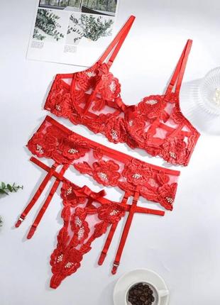 Сексуальний комплект нижньої білизни, гарна жіноча білизна червоний комплект з мережива8 фото