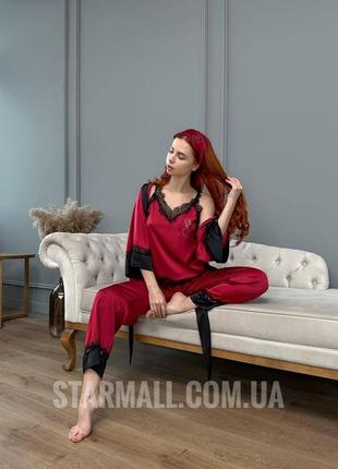 Женская пижама victoria's secret 5в1 бордовая, сатиновая пижама со стразами в подарочной коробке2 фото