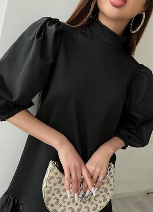 Платье колокольчик с рюшами рукава фонарики черное2 фото