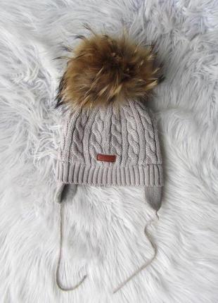 Теплая зимняя вязаная шапка помпон натуральный мех с флисовой подкладкой с бубенцом lenne janne2 фото