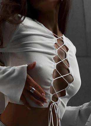 Сексуальная кофта лонг лонгслив женский свитер лёгкий чёрный белый на завязках на груди открытый со шнуровкой реал фото вживую