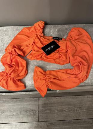 Топ блуза, кроп, оранжевый, трендовый цвет, рукав буф5 фото