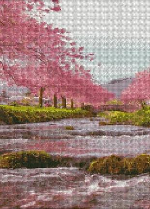 Алмазная вышивка. картина на подрамнике речка среди сакур, размер 40х50см