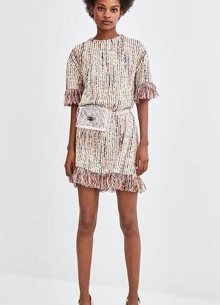 Твидовое платье с бахромой р. xs/s zara фактурный трикотаж