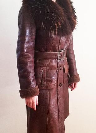 Натуральна дублянка з енотом, шкіряне пальто, дублянка жіноча